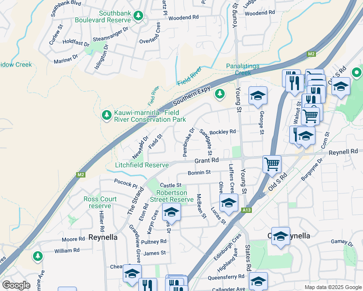 map of restaurants, bars, coffee shops, grocery stores, and more near 1 Parklands Crescent in Reynella