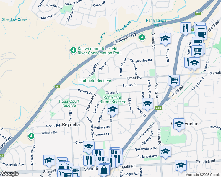 map of restaurants, bars, coffee shops, grocery stores, and more near 9 Castle Street in Reynella