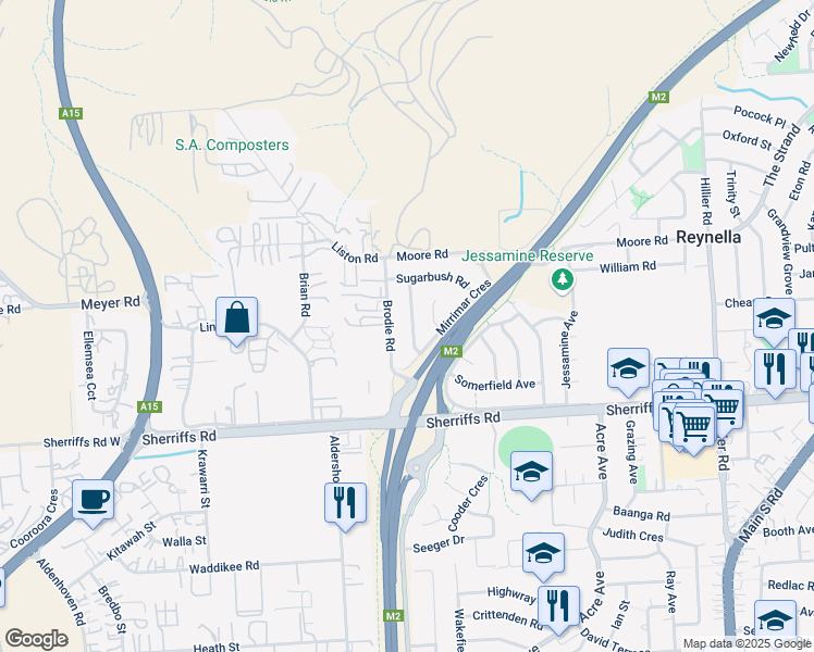 map of restaurants, bars, coffee shops, grocery stores, and more near 11 Breckenridge Drive in Reynella