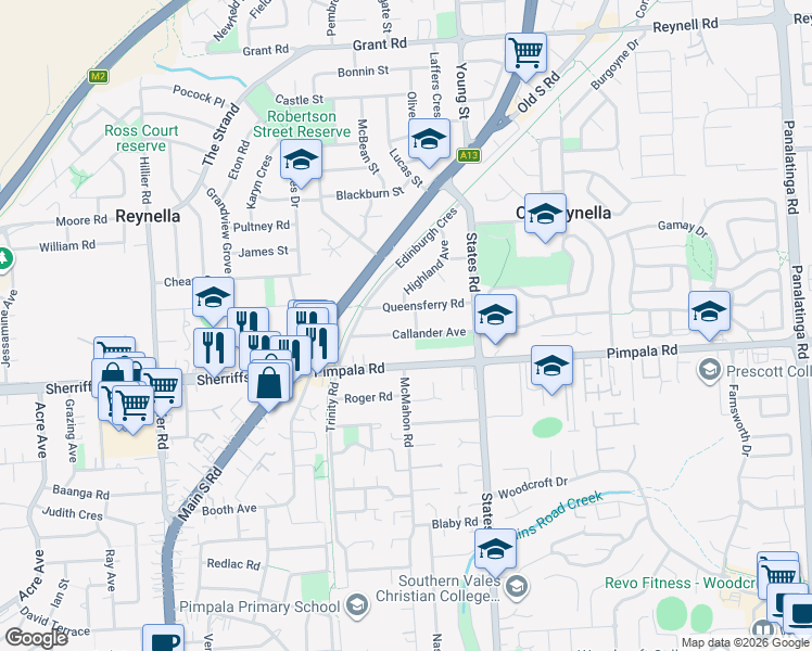 map of restaurants, bars, coffee shops, grocery stores, and more near 21A Callander Avenue in Old Reynella