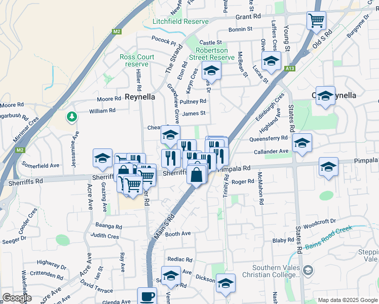 map of restaurants, bars, coffee shops, grocery stores, and more near 15 Elizabeth Street in Reynella