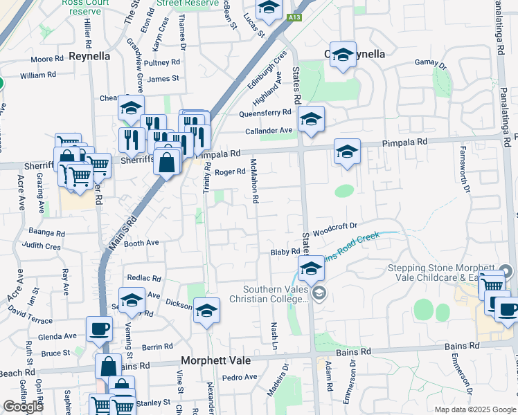 map of restaurants, bars, coffee shops, grocery stores, and more near 38 McMahon Road in Morphett Vale