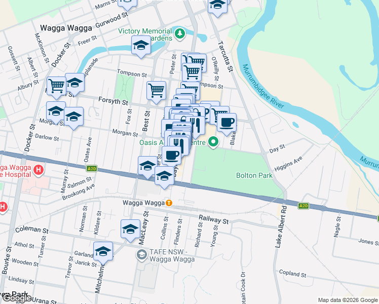 map of restaurants, bars, coffee shops, grocery stores, and more near 40 Fitzhardinge Street in Wagga Wagga