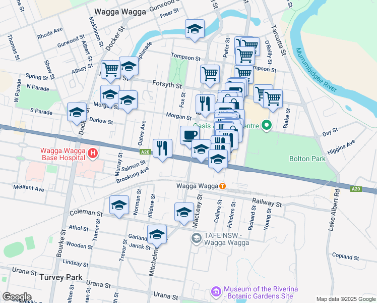 map of restaurants, bars, coffee shops, grocery stores, and more near 10 Best Street in Wagga Wagga