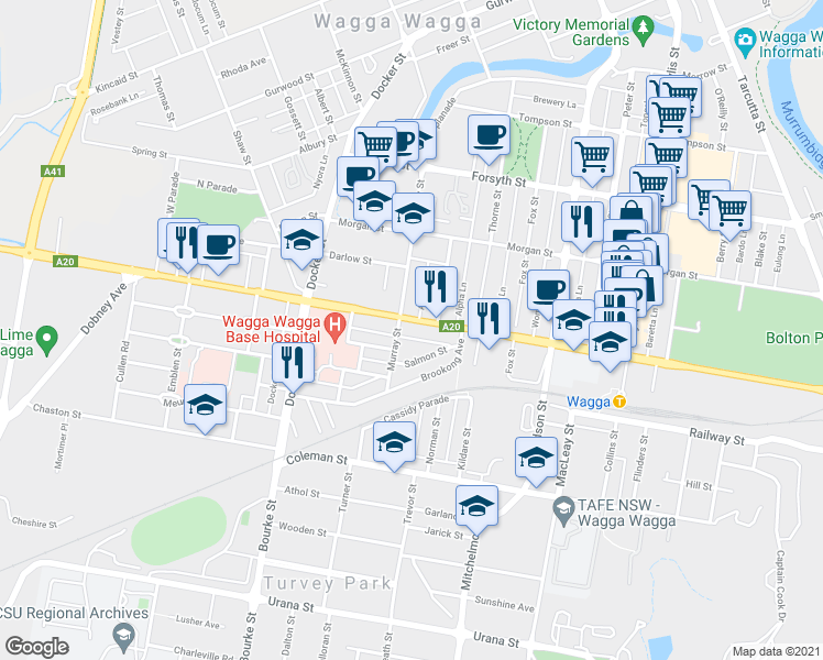 map of restaurants, bars, coffee shops, grocery stores, and more near 226 Edward Street in Wagga Wagga