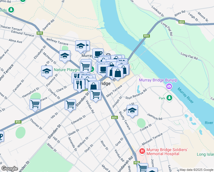 map of restaurants, bars, coffee shops, grocery stores, and more near LOT 3 South Terrace in Murray Bridge