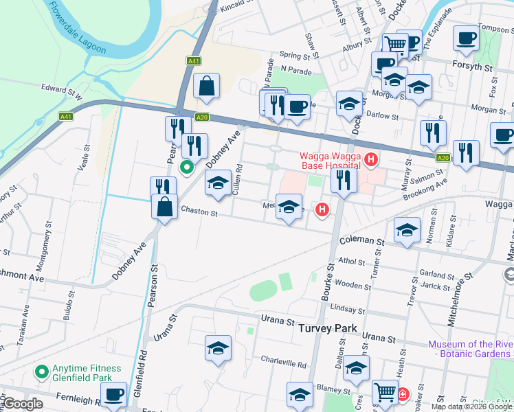 map of restaurants, bars, coffee shops, grocery stores, and more near 44 Meurant Avenue in Wagga Wagga