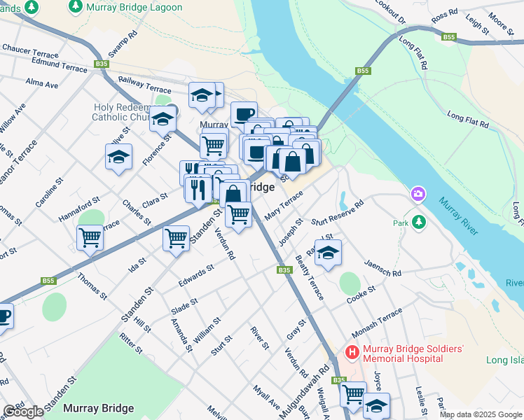 map of restaurants, bars, coffee shops, grocery stores, and more near LOT 3 South Terrace in Murray Bridge