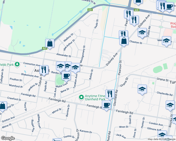 map of restaurants, bars, coffee shops, grocery stores, and more near 26 Ashmont Avenue in Wagga Wagga