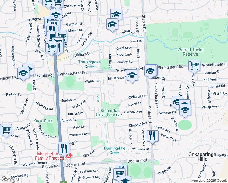 map of restaurants, bars, coffee shops, grocery stores, and more near 27 Epstein Drive in Morphett Vale