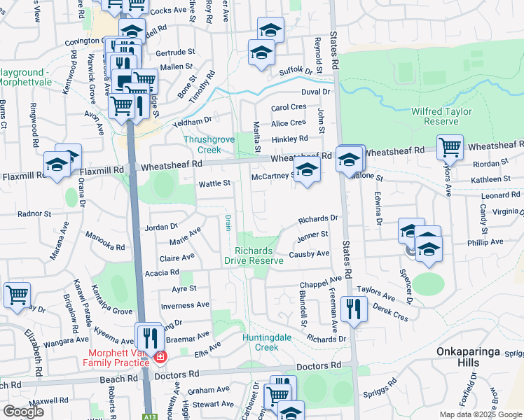 map of restaurants, bars, coffee shops, grocery stores, and more near 27 Epstein Drive in Morphett Vale
