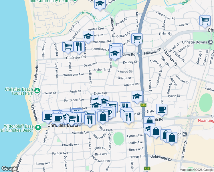 map of restaurants, bars, coffee shops, grocery stores, and more near 14 Vincent Street in Christies Beach