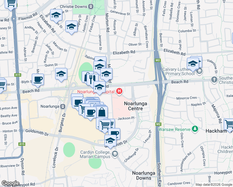 map of restaurants, bars, coffee shops, grocery stores, and more near Alexander Kelly Drive in Noarlunga Centre