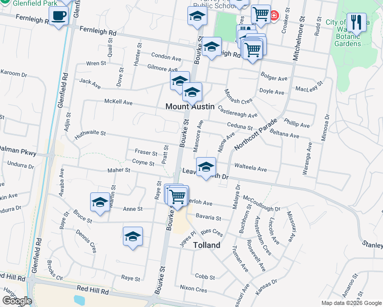 map of restaurants, bars, coffee shops, grocery stores, and more near 36 Manoora Avenue in Mount Austin