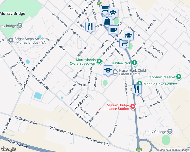 map of restaurants, bars, coffee shops, grocery stores, and more near 1 Allen Street in Murray Bridge