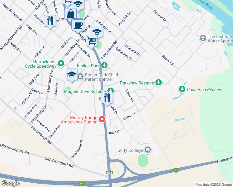 map of restaurants, bars, coffee shops, grocery stores, and more near 7 Magpie Drive in Murray Bridge