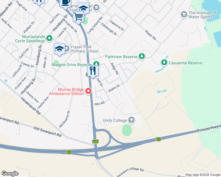map of restaurants, bars, coffee shops, grocery stores, and more near 6 Robin Street in Murray Bridge
