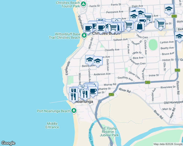 map of restaurants, bars, coffee shops, grocery stores, and more near 45 Anderson Avenue in Port Noarlunga