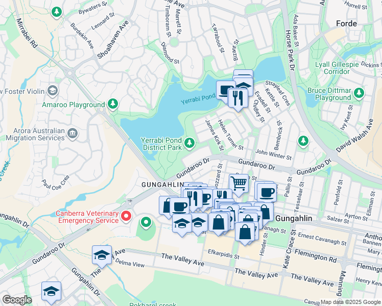 map of restaurants, bars, coffee shops, grocery stores, and more near Wunderlich Street in Gungahlin