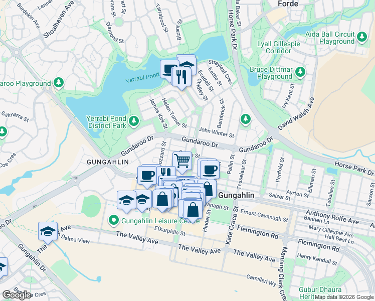 map of restaurants, bars, coffee shops, grocery stores, and more near 52 Swain Street in Gungahlin