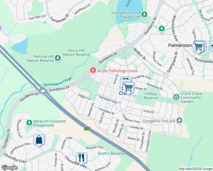 map of restaurants, bars, coffee shops, grocery stores, and more near Abena Avenue in Crace