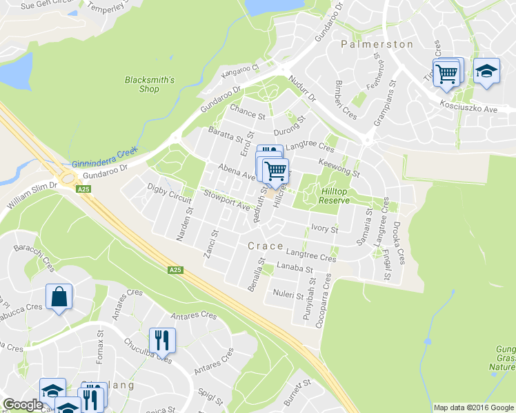 map of restaurants, bars, coffee shops, grocery stores, and more near Redruth Street in Crace