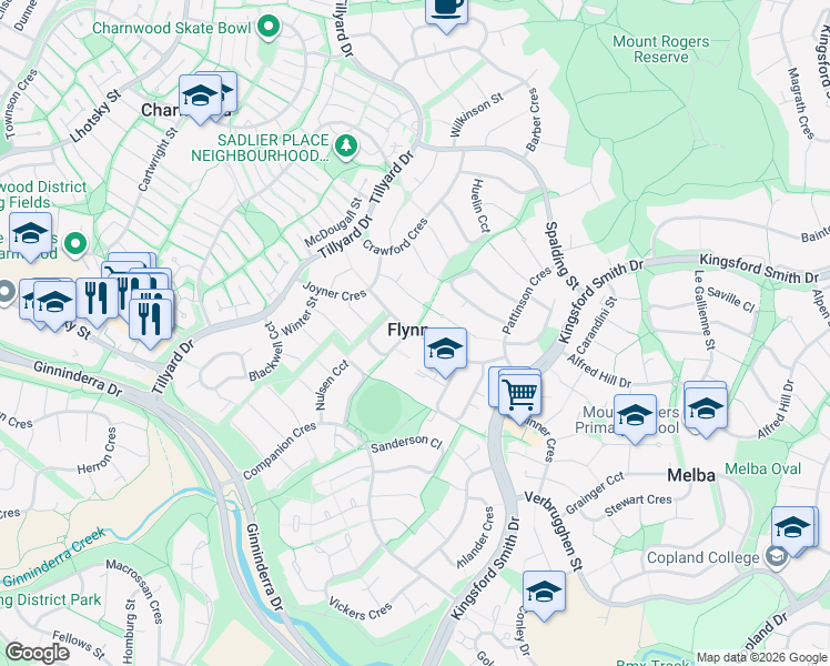 map of restaurants, bars, coffee shops, grocery stores, and more near Bingle Street in Flynn