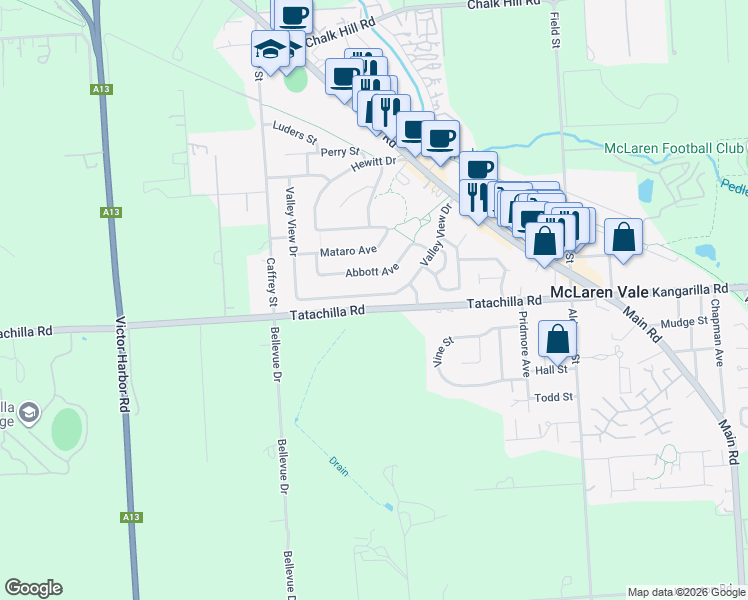 map of restaurants, bars, coffee shops, grocery stores, and more near 66 Valley View Drive in McLaren Vale