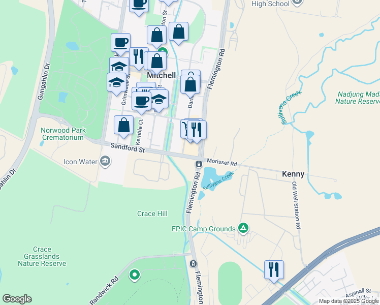 map of restaurants, bars, coffee shops, grocery stores, and more near 101 Flemington Road in Mitchell