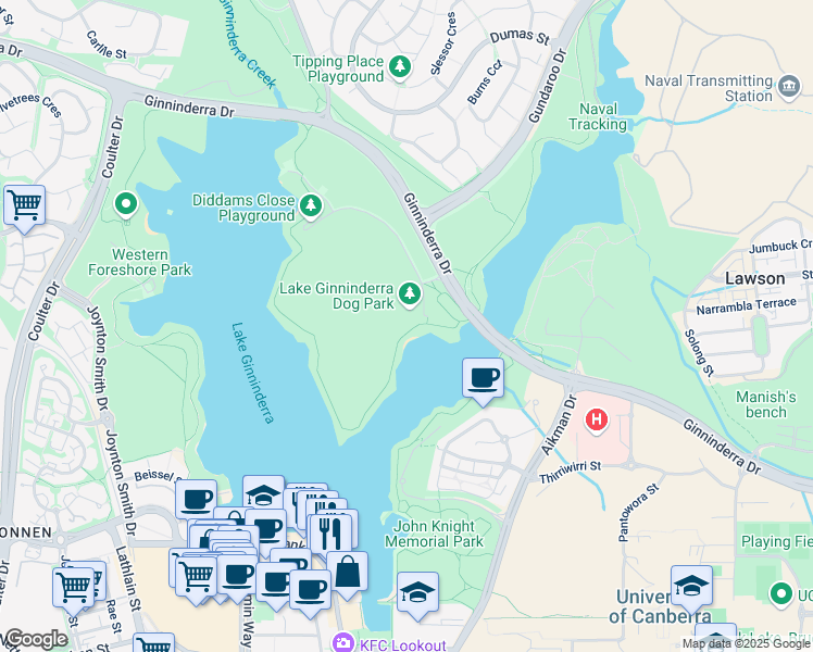 map of restaurants, bars, coffee shops, grocery stores, and more near in Belconnen