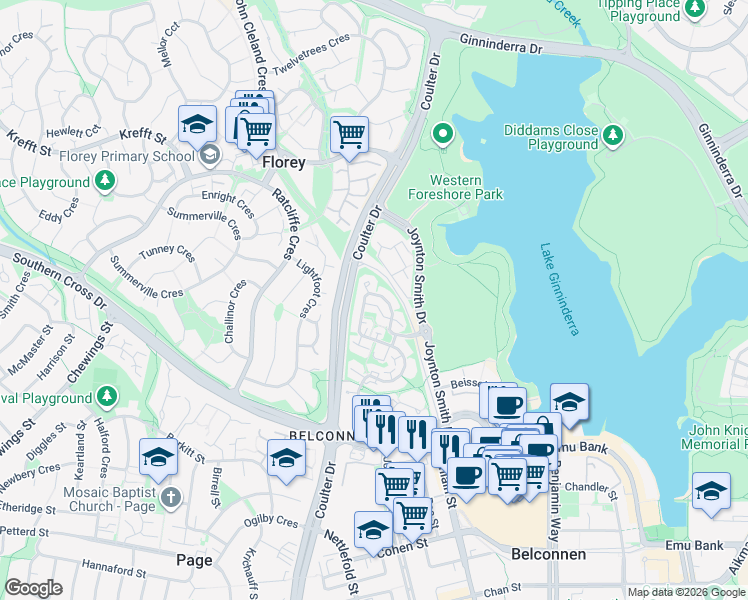 map of restaurants, bars, coffee shops, grocery stores, and more near 142 Totterdell Street in Belconnen