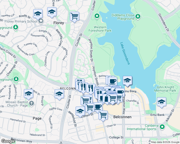 map of restaurants, bars, coffee shops, grocery stores, and more near 72 Totterdell Street in Belconnen