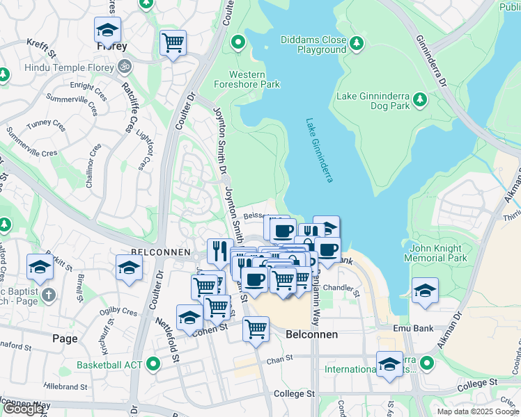 map of restaurants, bars, coffee shops, grocery stores, and more near 20 Beissel Street in Belconnen