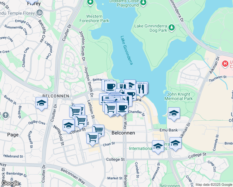 map of restaurants, bars, coffee shops, grocery stores, and more near in Belconnen