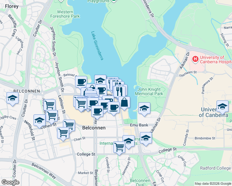 map of restaurants, bars, coffee shops, grocery stores, and more near Emu Bank in Belconnen