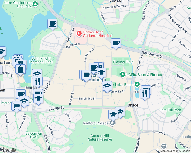 map of restaurants, bars, coffee shops, grocery stores, and more near University Drive in Bruce