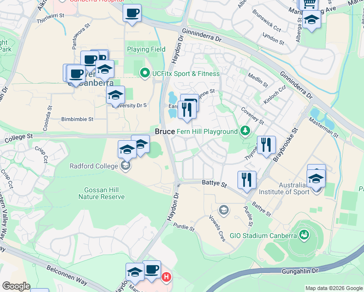 map of restaurants, bars, coffee shops, grocery stores, and more near 34 Thynne Street in Bruce