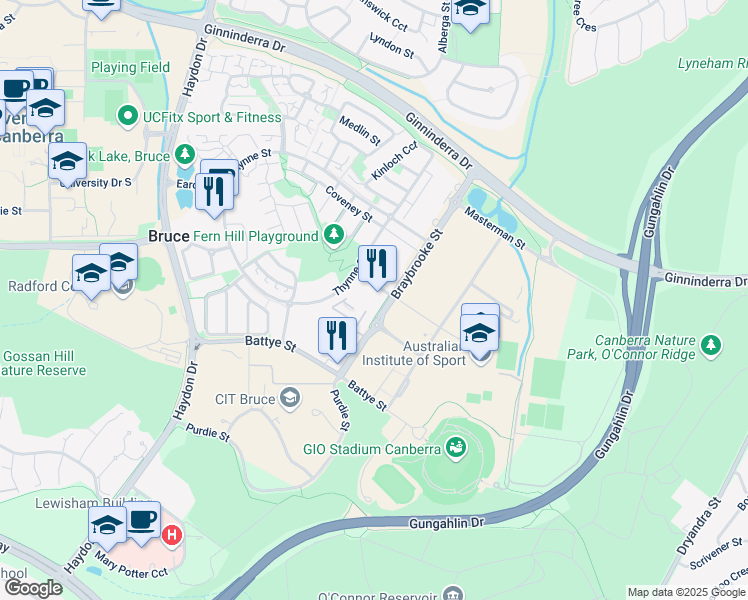 map of restaurants, bars, coffee shops, grocery stores, and more near 15 Braybrooke Street in Bruce
