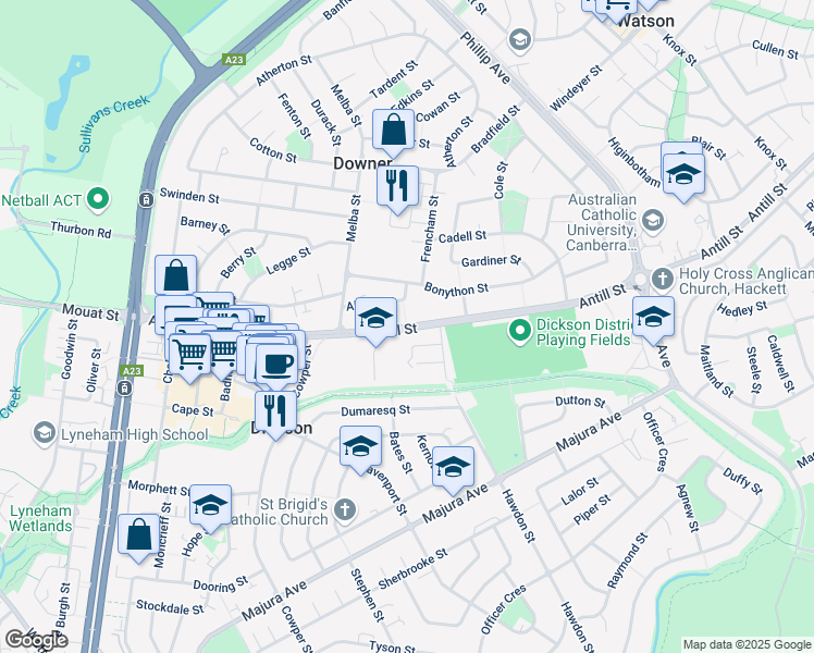 map of restaurants, bars, coffee shops, grocery stores, and more near Antill Street in Dickson