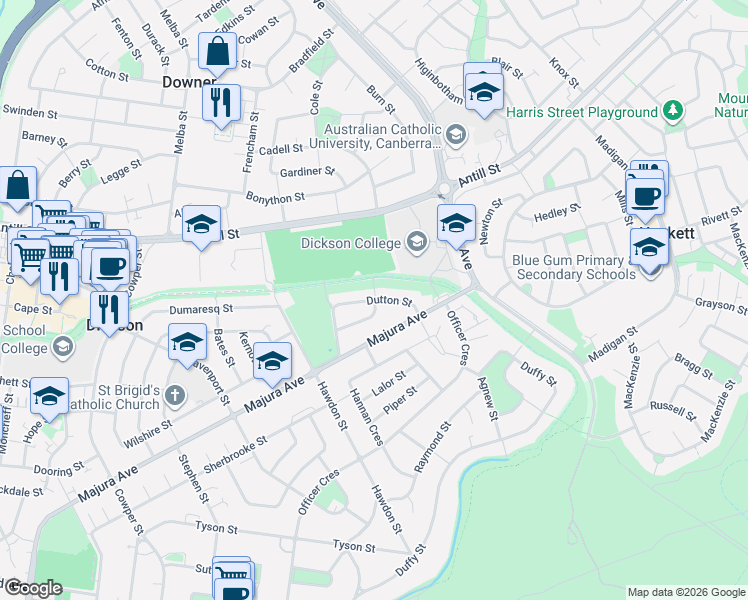 map of restaurants, bars, coffee shops, grocery stores, and more near Dutton Street in Dickson