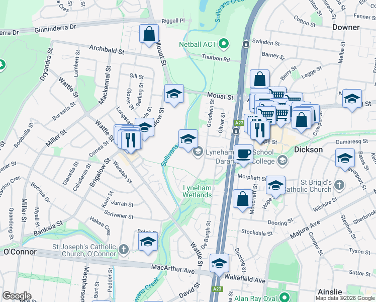 map of restaurants, bars, coffee shops, grocery stores, and more near 61 Goodwin Street in Lyneham