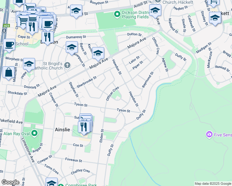 map of restaurants, bars, coffee shops, grocery stores, and more near in Ainslie