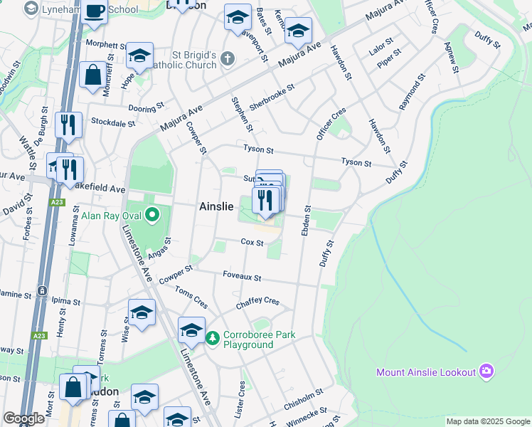 map of restaurants, bars, coffee shops, grocery stores, and more near Wakefield Gardens in Ainslie