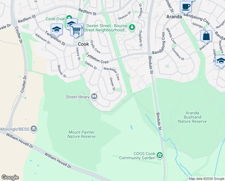 map of restaurants, bars, coffee shops, grocery stores, and more near 27 Dwyer Street in Cook