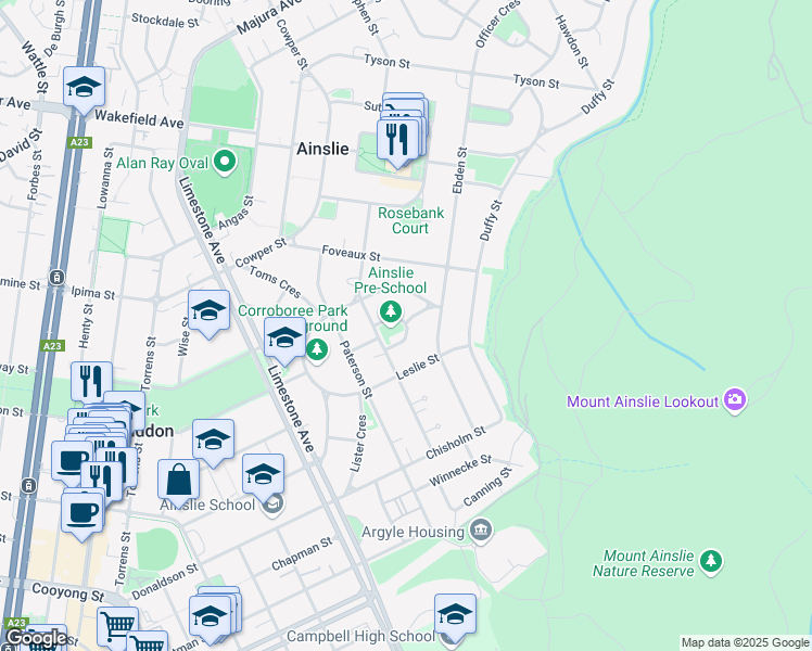 map of restaurants, bars, coffee shops, grocery stores, and more near Baker Gardens in Ainslie