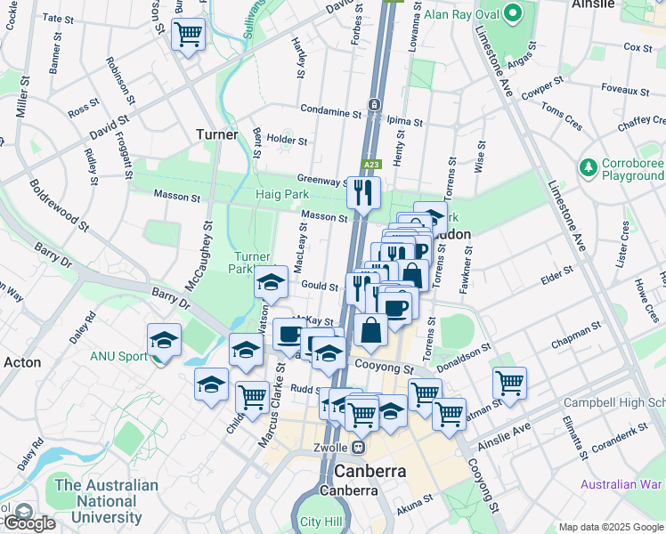 map of restaurants, bars, coffee shops, grocery stores, and more near 40 Moore Street in Turner