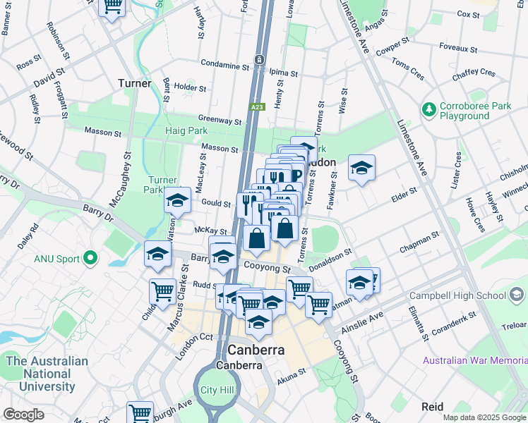 map of restaurants, bars, coffee shops, grocery stores, and more near Mort Street in Braddon