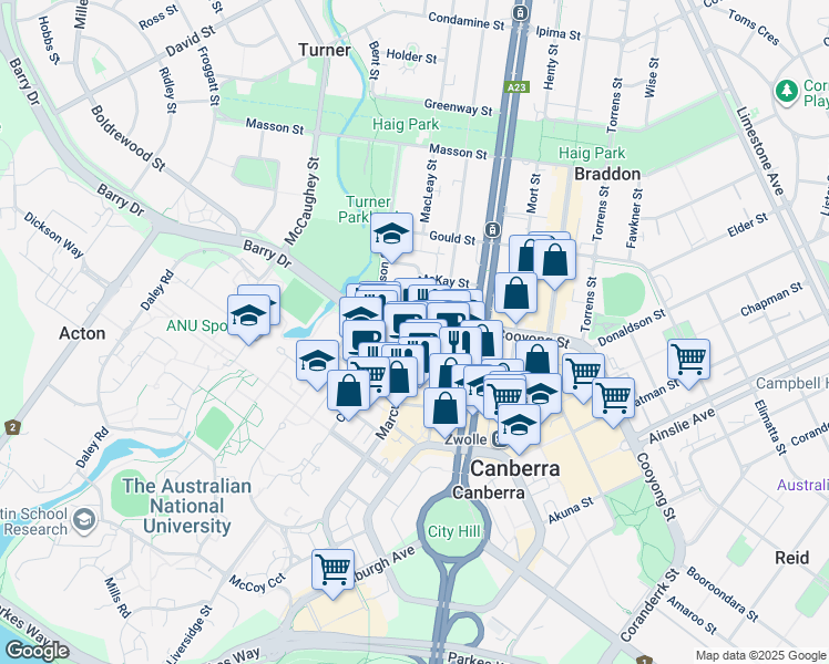 map of restaurants, bars, coffee shops, grocery stores, and more near 60 Marcus Clarke Street in Canberra