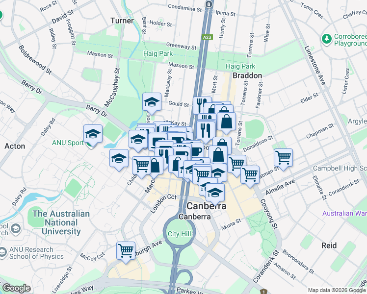 map of restaurants, bars, coffee shops, grocery stores, and more near 73 Northbourne Avenue in Canberra