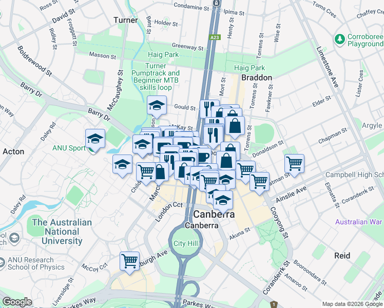 map of restaurants, bars, coffee shops, grocery stores, and more near 73 Northbourne Avenue in Canberra